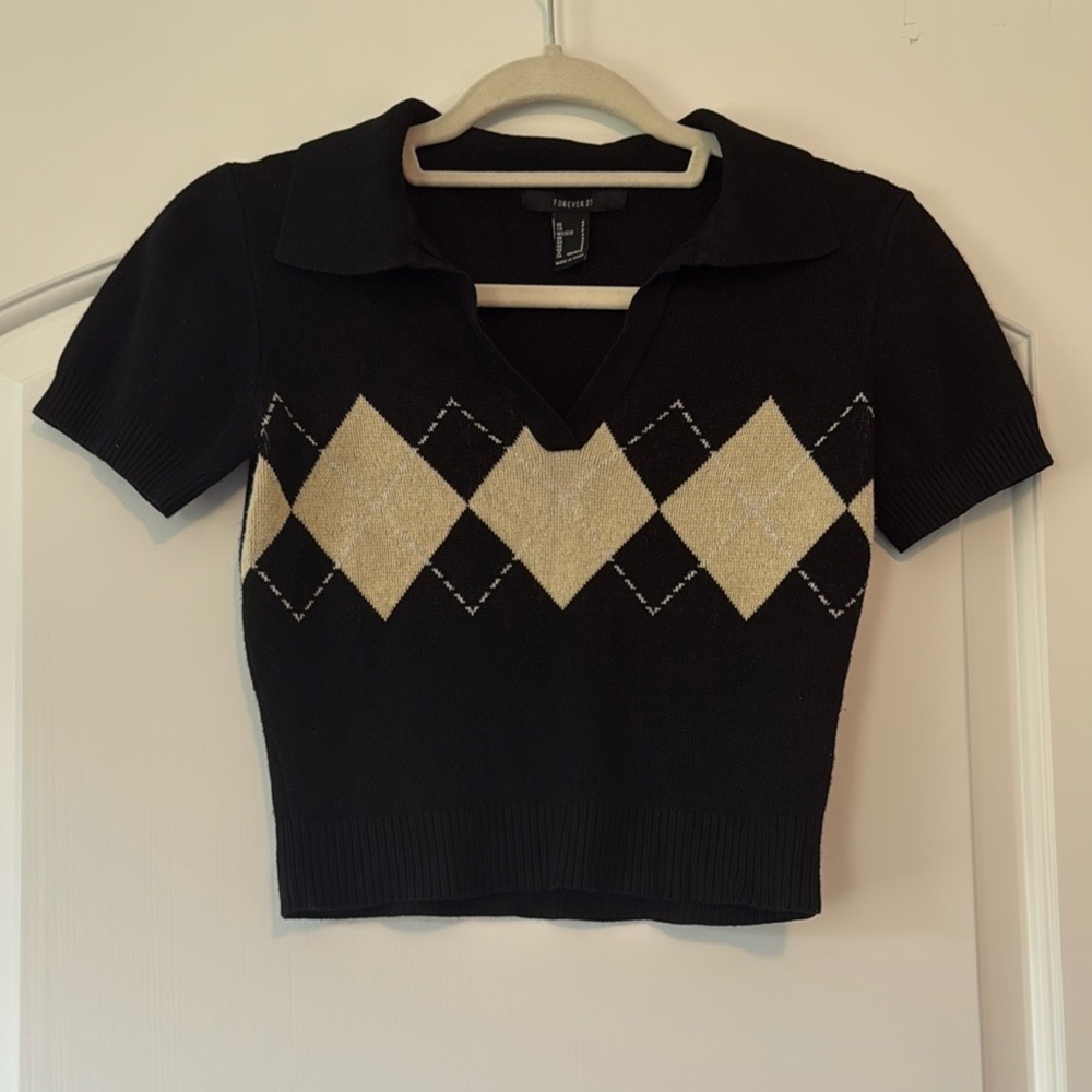 Forever 21 Black Fitted Crop Polo